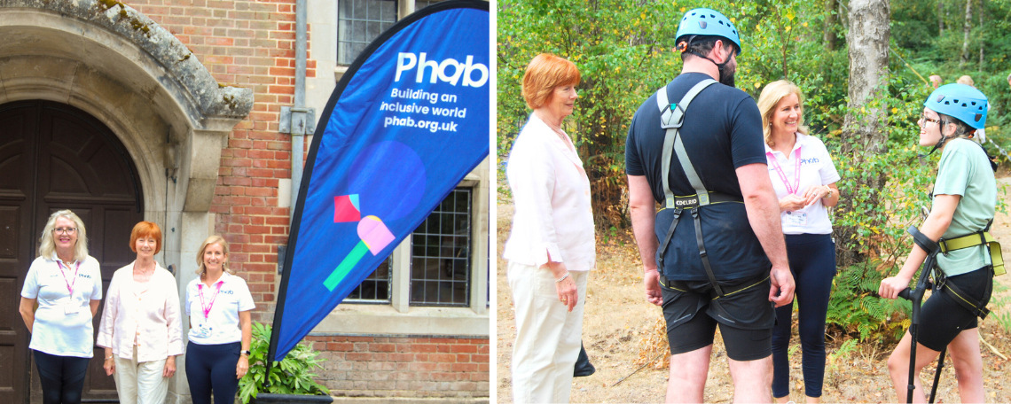 Two images. Three women outside a red brick building. There is a flag that says Phab. Then a group oof 4 people in a wood. Two have helmets on for climbing.