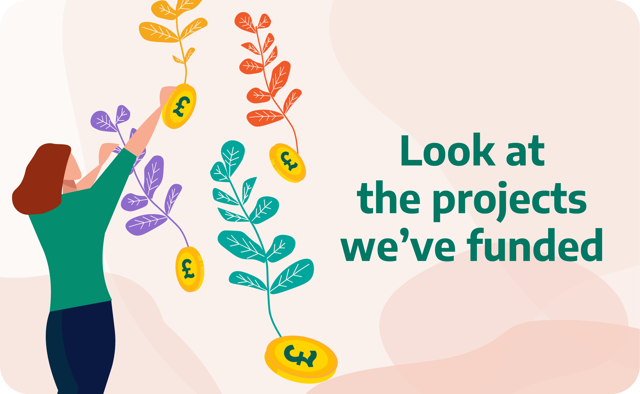 A design graphic of a lady picking money off leaves