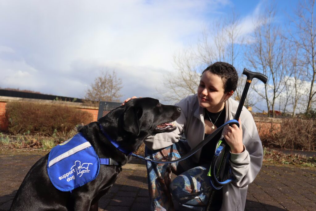 A support dog and a lady with a walking stick outside
