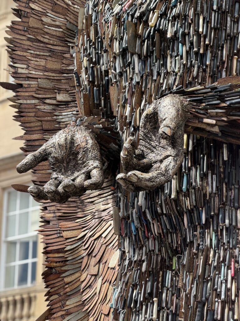 Close up of knife angel hands - made of knives