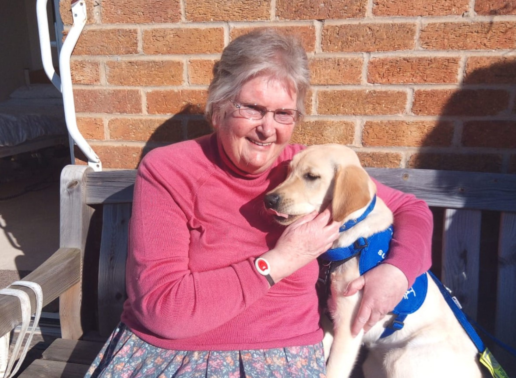 A lady and a dog sit in front of a brick wall