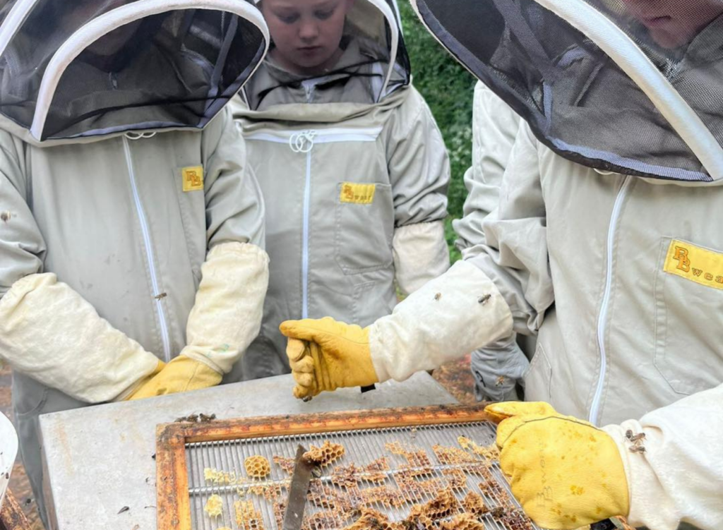 Three children dressed in beekeeping suits with honeycomb and bees.
