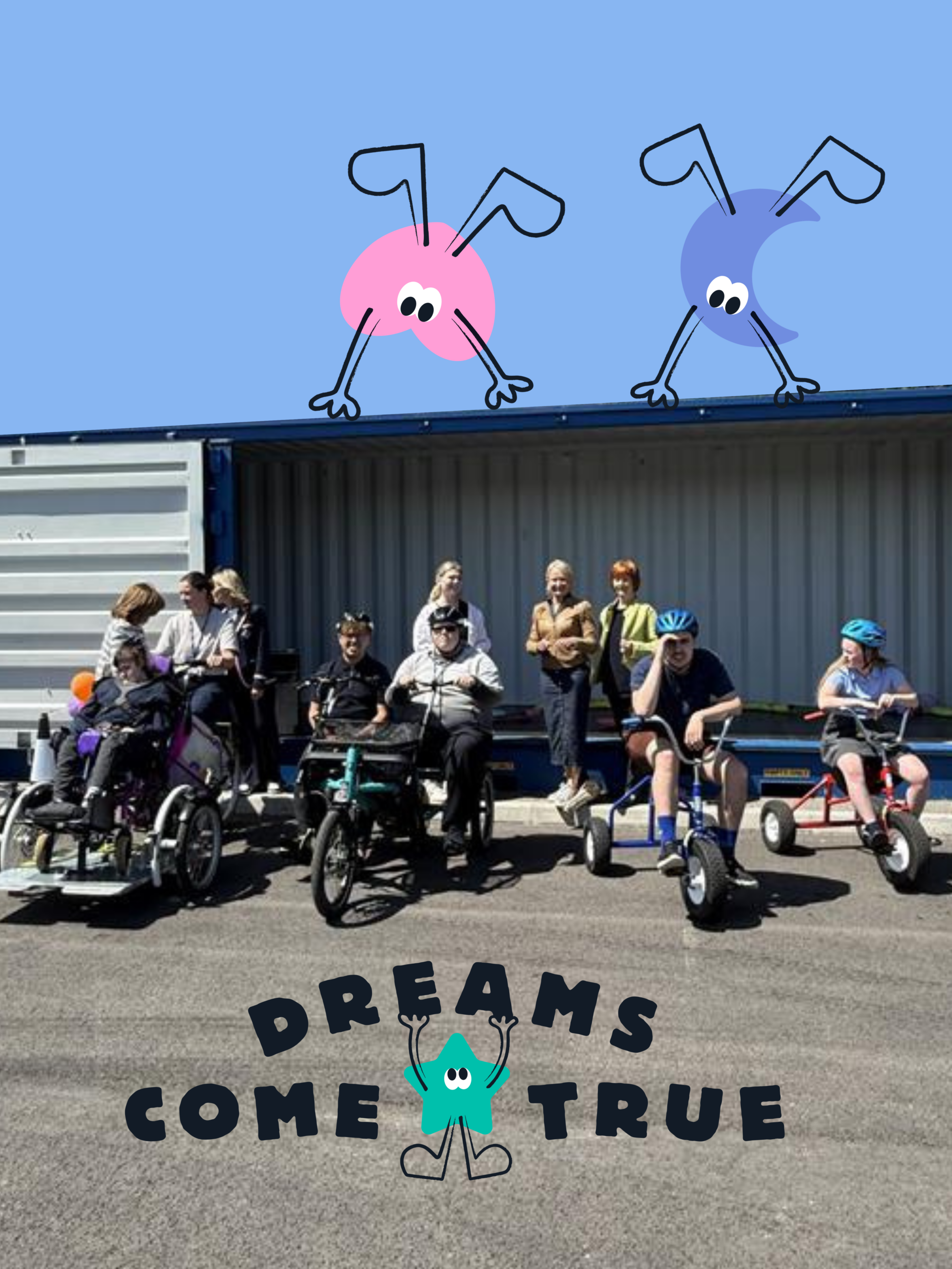 A group on a yard. Cartoon characters cartwheel on a roof. There is a Dreams Come True logo