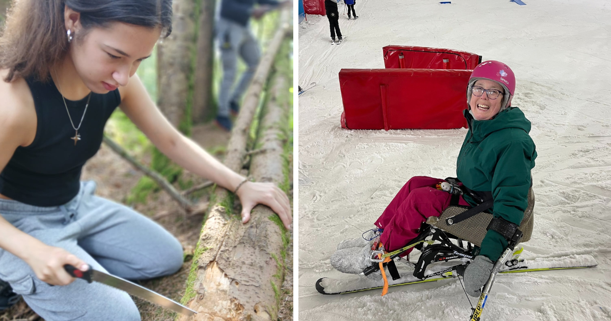 A girl cuts a log in a forest. A woman sits on a snow slope on an adapted snowboard.
